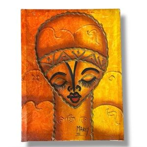 Small Brilliant Orange Multimedia Art Painting Signed Makey African Tribal Decor